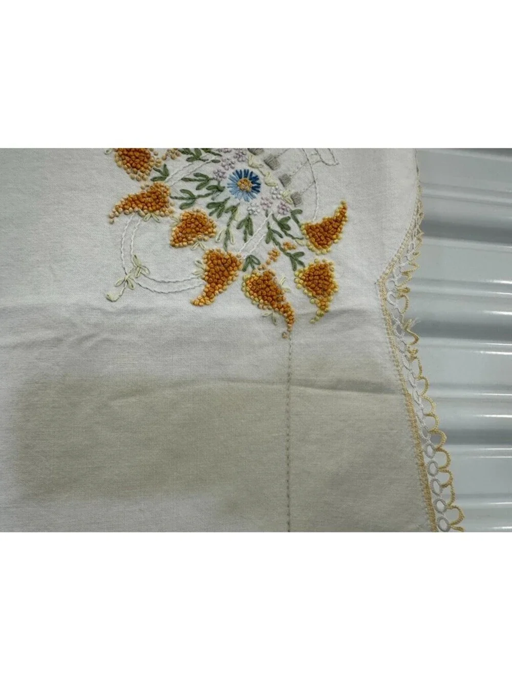 Hand Embroidered Vintage Floral Scalloped Edges Card Table Tablecloth Topper